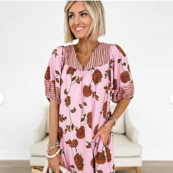Knox Rose Dresses & Skirts - Knox Rose Pink Floral Striped Short Sleeve Boho Peasant Shift Dress Size M